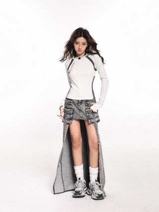 Gray stitching contrast color long sleeve t-shirt