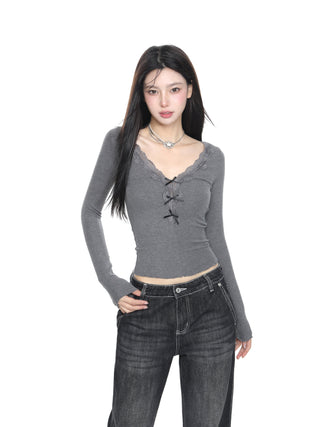V-neck slim lace bowknot top