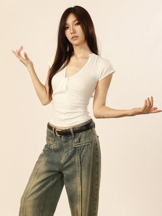Short sleeves slim V-neck T-shirt