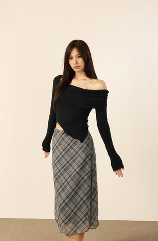 Retro one-shoulder long-sleeved top