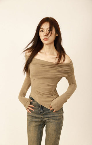 Retro one-shoulder long-sleeved top