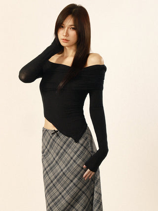 Retro one-shoulder long-sleeved top