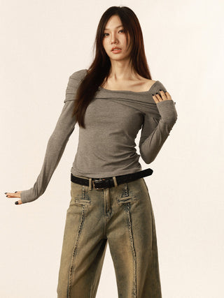 One shoulder long sleeve slim top