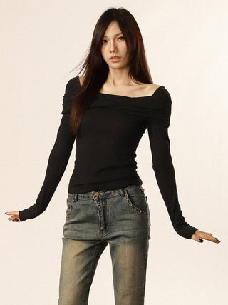 One shoulder long sleeve slim top