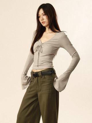 V-neck strap design flared sleeve top