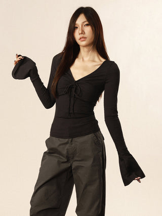 V-neck strap design flared sleeve top