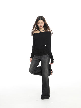 Black off-shoulder long-sleeved top