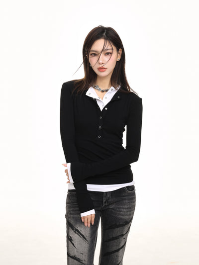 Fake two-piece long-sleeved slim top