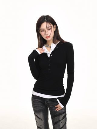 Fake two-piece long-sleeved slim top