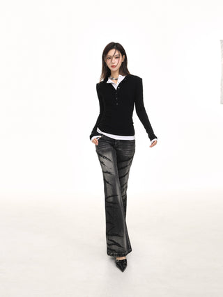 Fake two-piece long-sleeved slim top