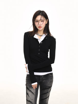 Fake two-piece long-sleeved slim top