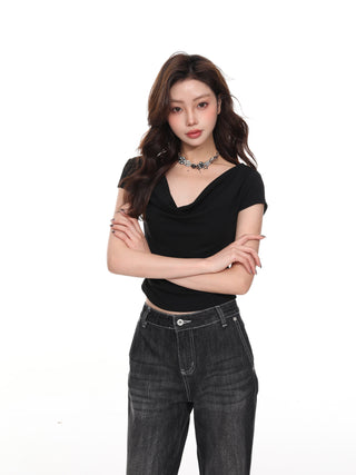 Short-sleeved slim-fitting off-shoulder top