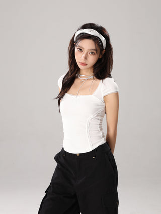 Square collar short-sleeved top