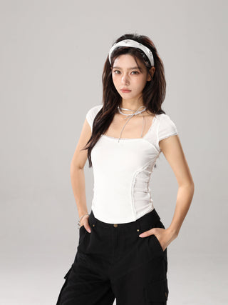 Square collar short-sleeved top