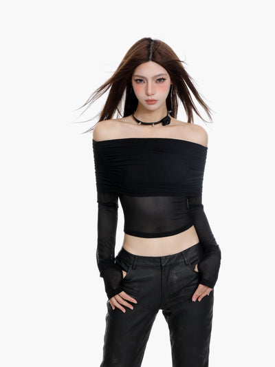 Long-sleeved mesh blouse top