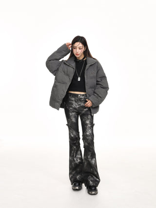 Distressed stand collar puffer jacket