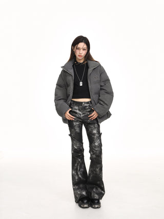 Distressed stand collar puffer jacket