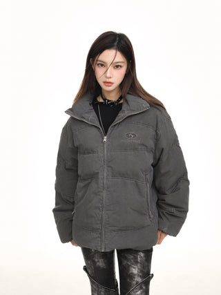 Distressed stand collar puffer jacket