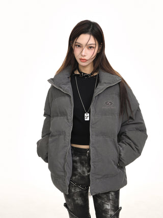 Distressed stand collar puffer jacket