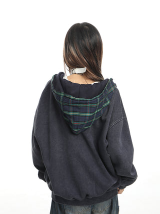 Splicing fake two-piece plaid hoodie
