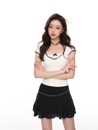 Slim-fitting bow lace fake two-piece top
