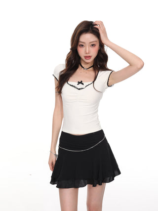 Slim-fitting bow lace fake two-piece top