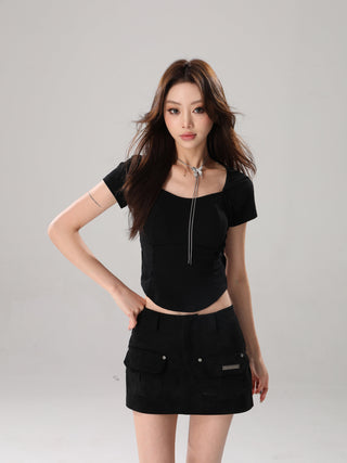 Square collar short-sleeved slim irregular top