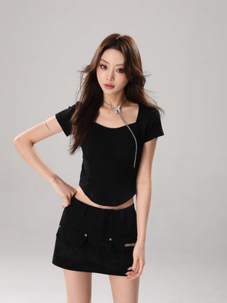 Square collar short-sleeved slim irregular top