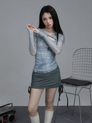 Retro long-sleeved mesh hollow design top