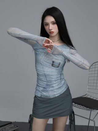 Retro long-sleeved mesh hollow design top
