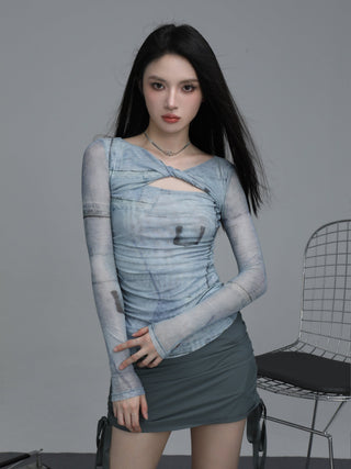 Retro long-sleeved mesh hollow design top