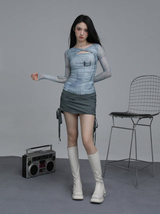 Retro long-sleeved mesh hollow design top