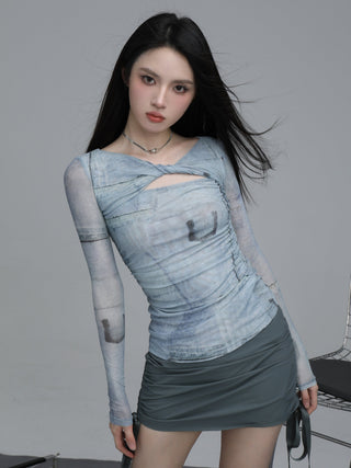 Retro long-sleeved mesh hollow design top