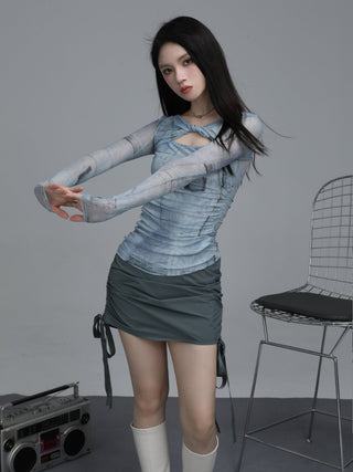 Retro long-sleeved mesh hollow design top