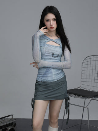 Retro long-sleeved mesh hollow design top