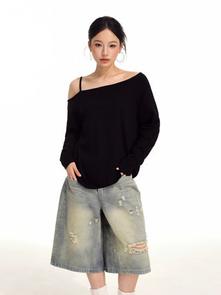 One shoulder long-sleeved top