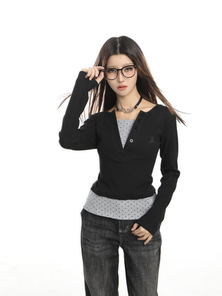 Polka dot fake two-piece knitted top