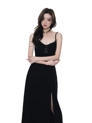Slim waist thin slit lace-up bowknot dress