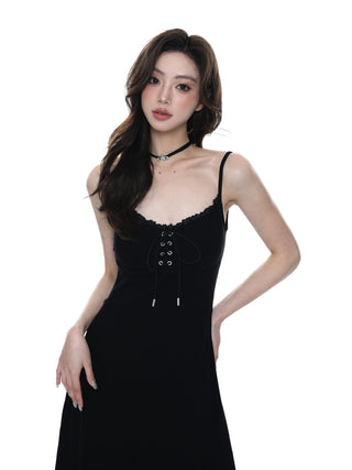 Slim waist thin slit lace-up bowknot dress