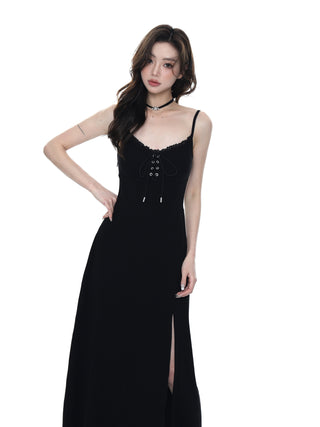 Slim waist thin slit lace-up bowknot dress