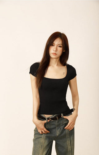 Square collar short-sleeved slim top