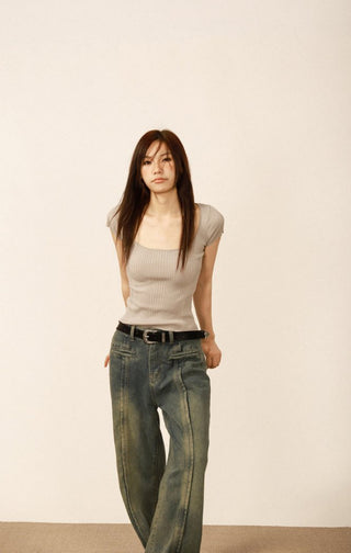 Square collar short-sleeved slim top