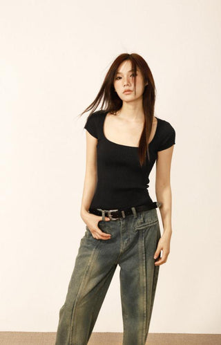 Square collar short-sleeved slim top