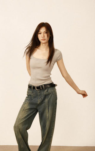 Square collar short-sleeved slim top