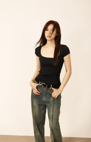 Square collar short-sleeved slim top