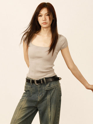 Square collar short-sleeved slim top