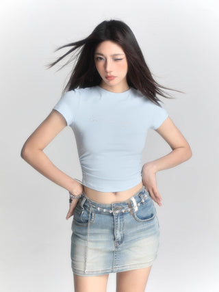 Retro blue short-sleeved slim top