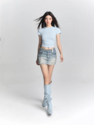 Retro blue short-sleeved slim top