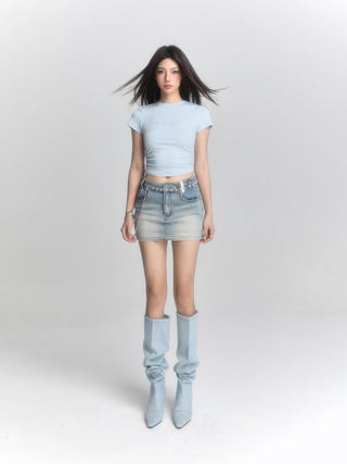 Retro blue short-sleeved slim top