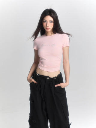 Retro blue short-sleeved slim top